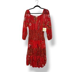 Fig & Flower Anthropologie Women’s Large Floral Dress Red Lace Ruffle NEW Read